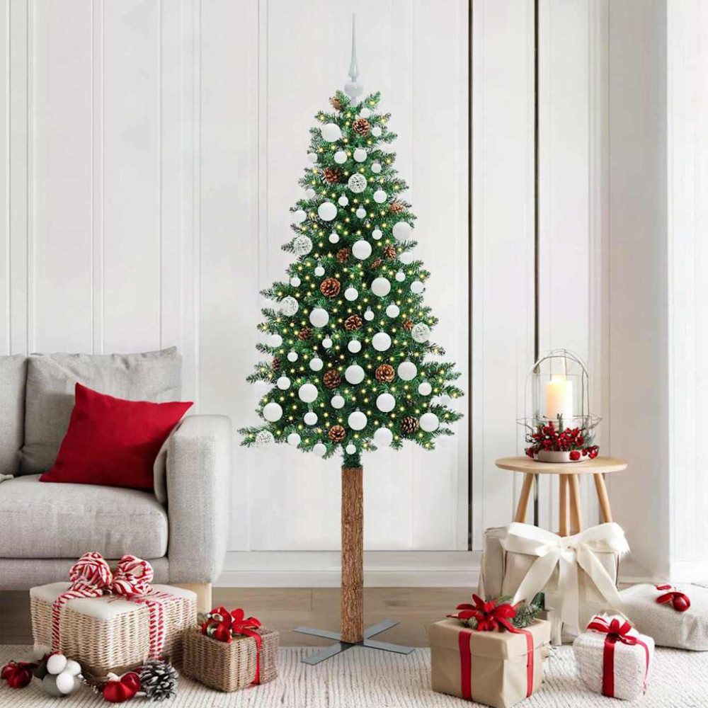 Produktbild för Smal julgran med 300 LED-lampor Grön 180 cm PVC och solid furu