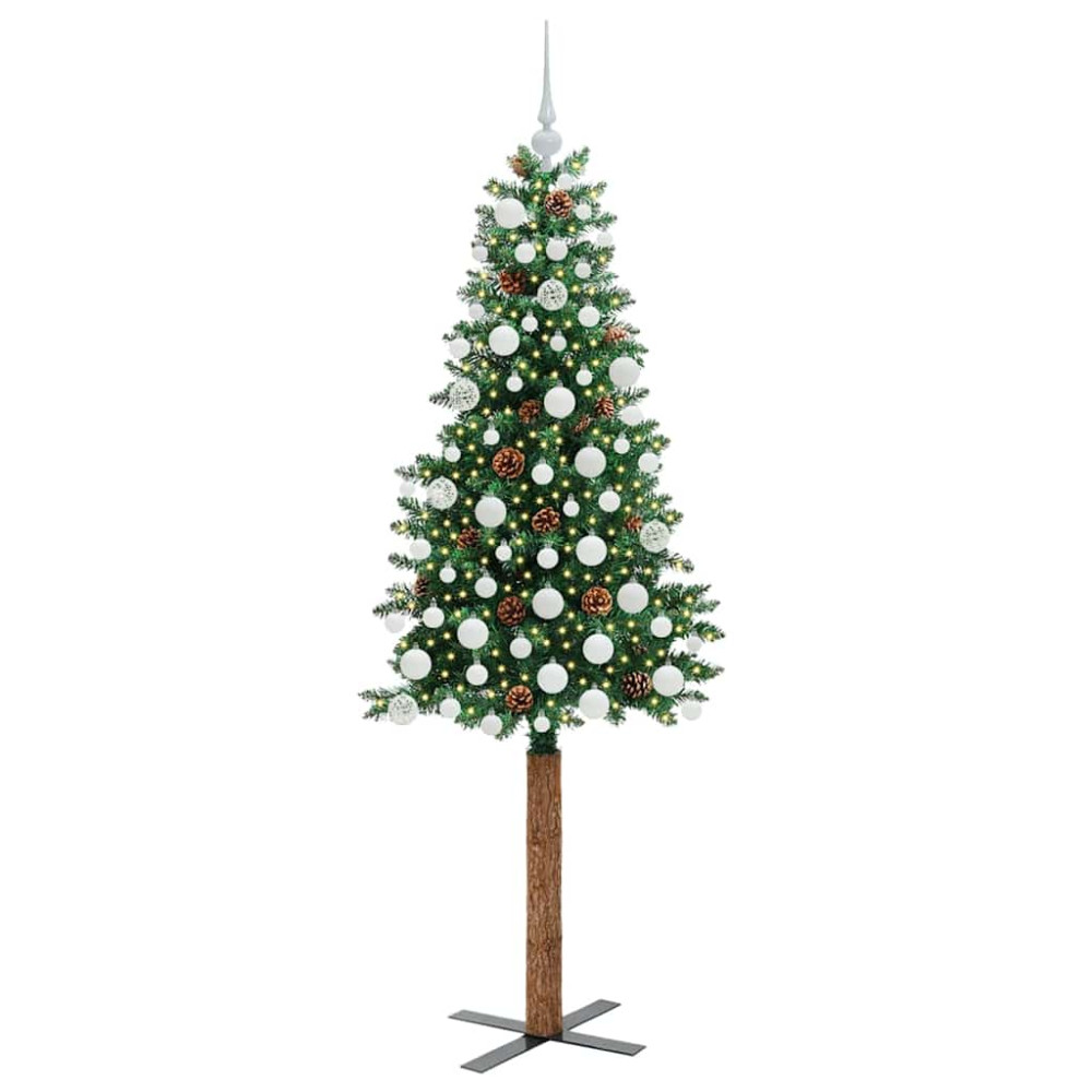 Produktbild för Smal julgran med 300 LED-lampor Grön 180 cm PVC och solid furu