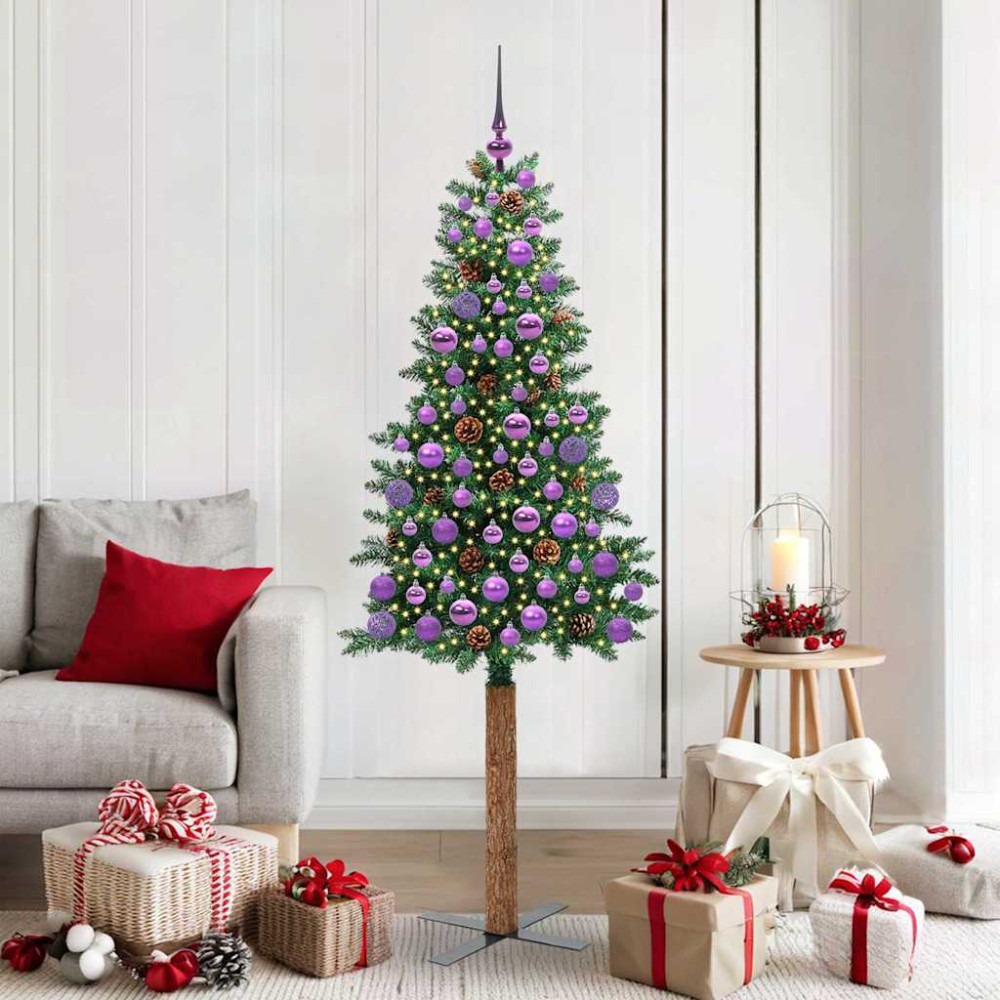 Produktbild för Smal julgran med 300 LED-lampor Grön 180 cm PVC och solid furu