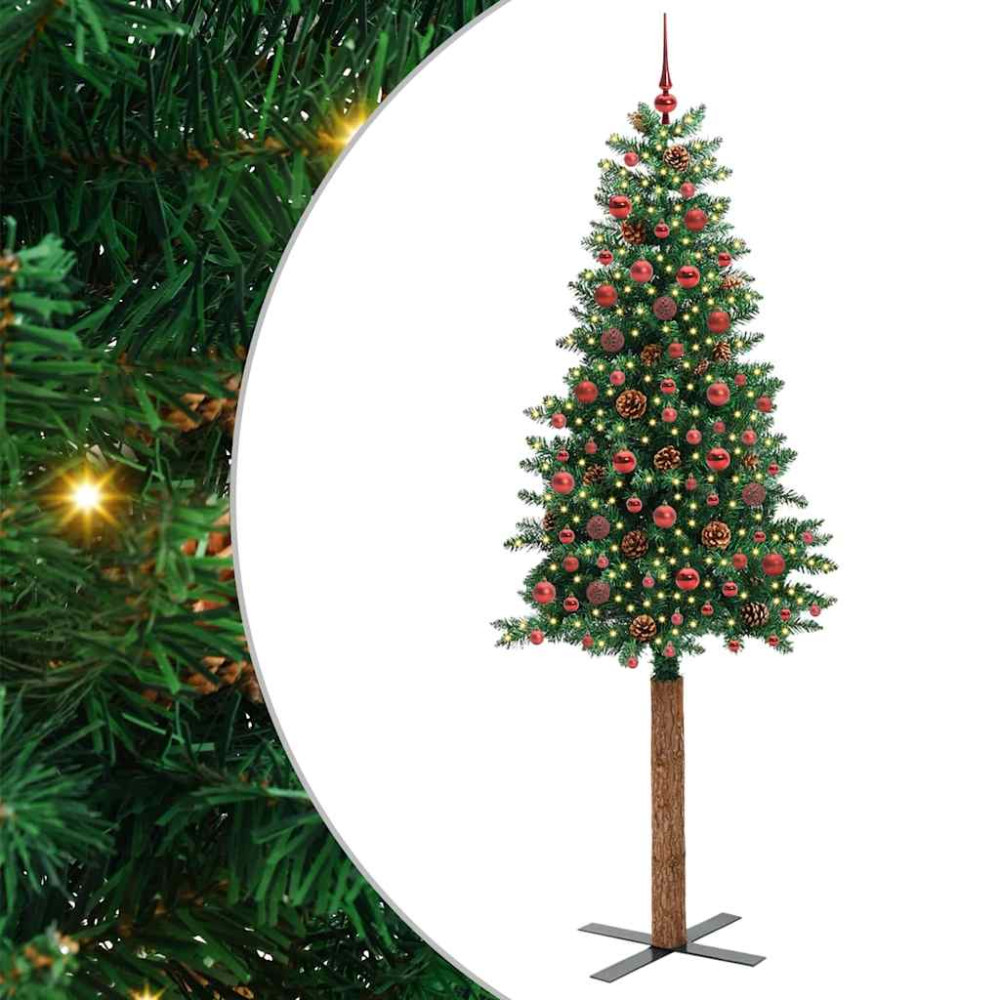 Produktbild för Smal julgran med 300 LED-lampor Grön 210 cm PVC och solid furu