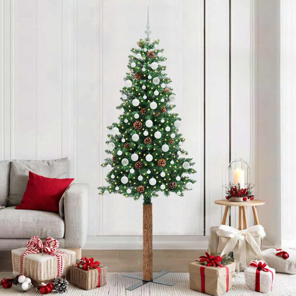 Produktbild för Smal julgran med 300 LED-lampor Grön 210 cm PVC och solid furu