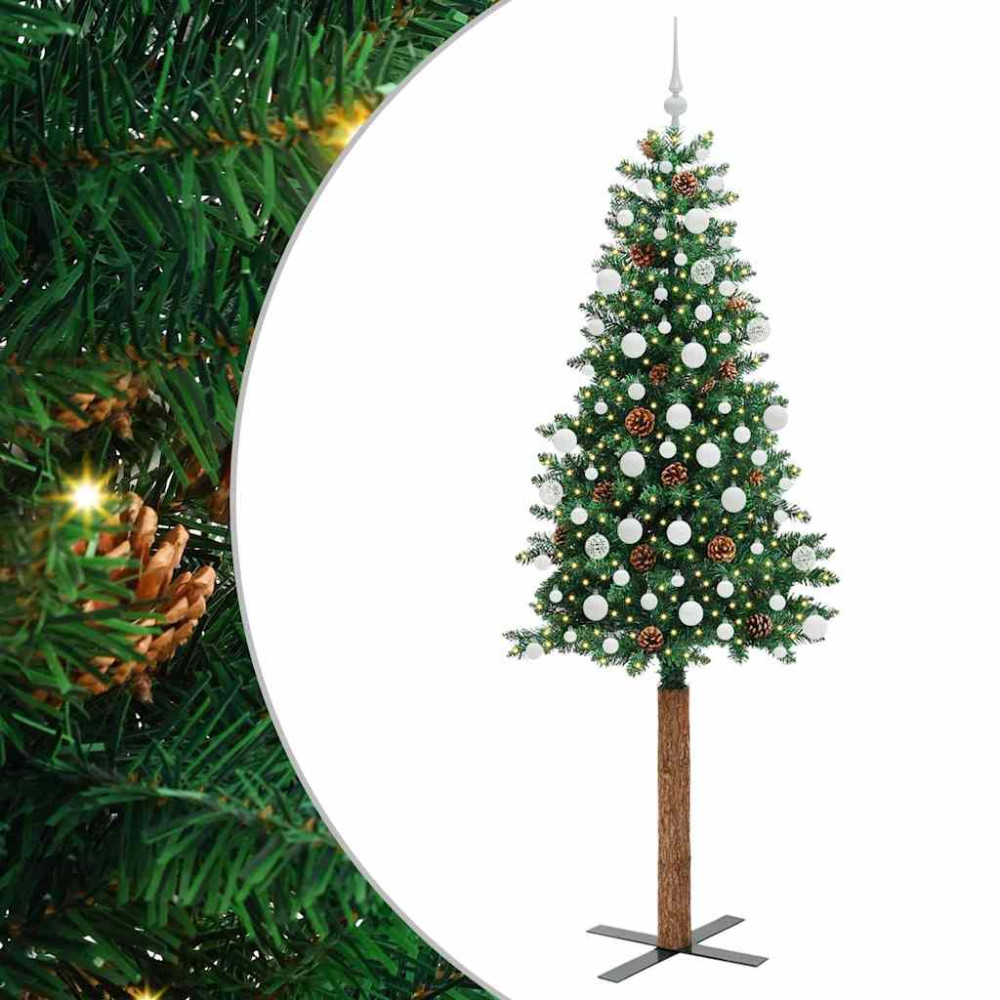 Produktbild för Smal julgran med 300 LED-lampor Grön 210 cm PVC och solid furu