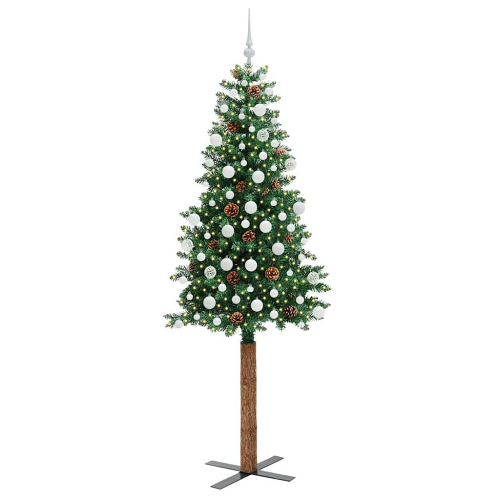 Produktbild för Smal julgran med 300 LED-lampor Grön 210 cm PVC och solid furu