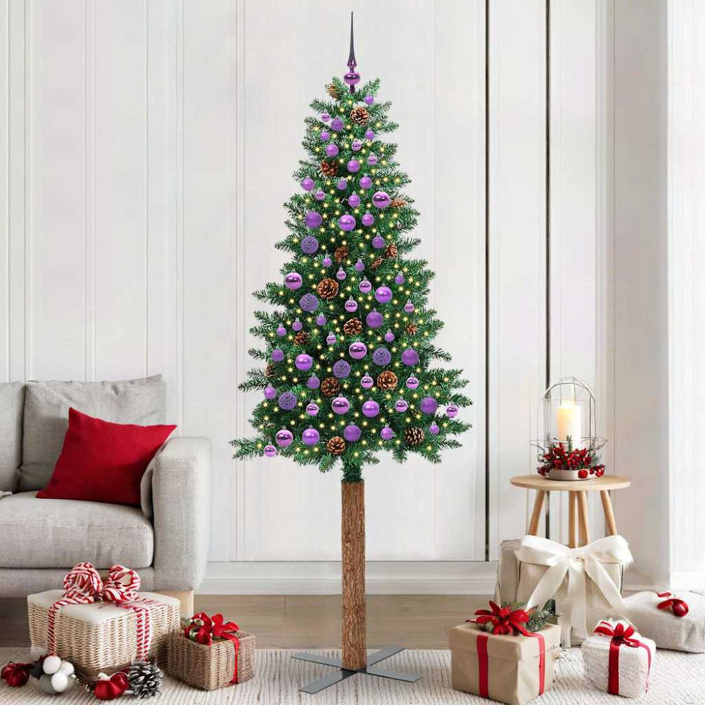 Produktbild för Smal julgran med 300 LED-lampor Grön 210 cm PVC och solid furu