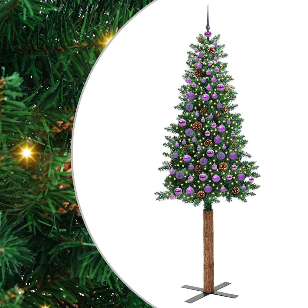 Produktbild för Smal julgran med 300 LED-lampor Grön 210 cm PVC och solid furu