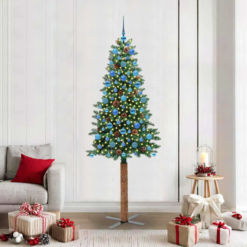 Produktbild för Smal julgran med 300 LED-lampor Grön 210 cm PVC och solid furu