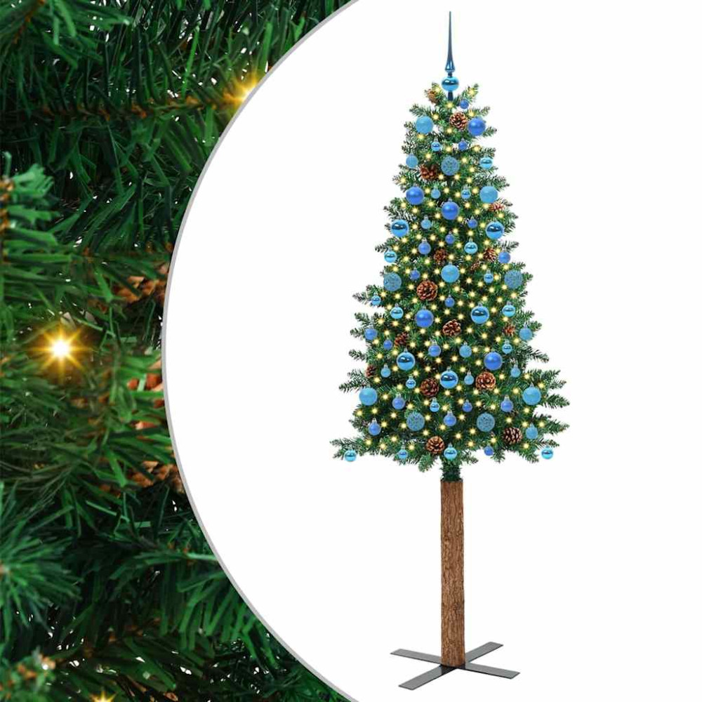 Produktbild för Smal julgran med 300 LED-lampor Grön 210 cm PVC och solid furu