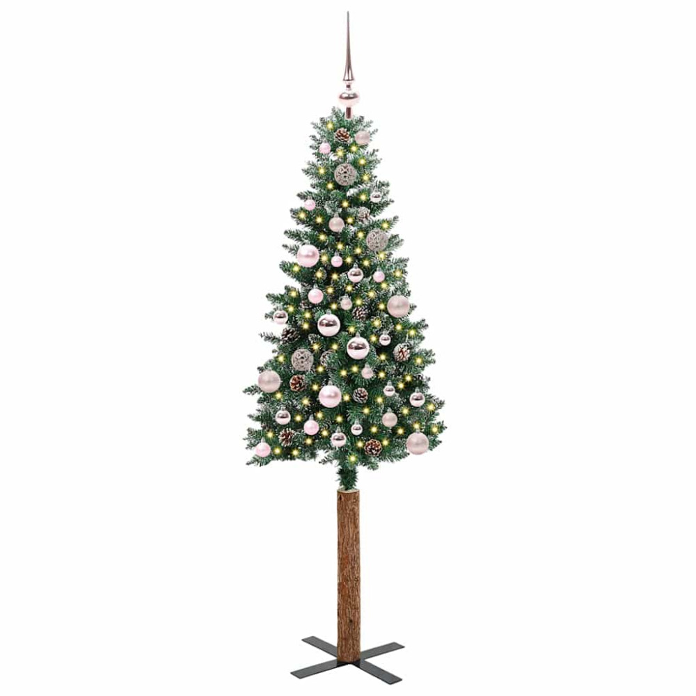 Produktbild för Smal julgran med 150 LED-lampor Grön 150 cm PVC och solid furu