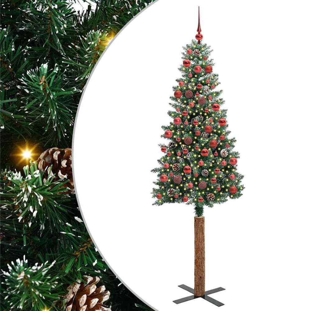 Produktbild för Smal julgran med 300 LED-lampor Grön 180 cm PVC och solid furu
