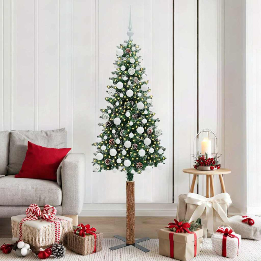Produktbild för Smal julgran med 300 LED-lampor Grön 180 cm PVC och solid furu