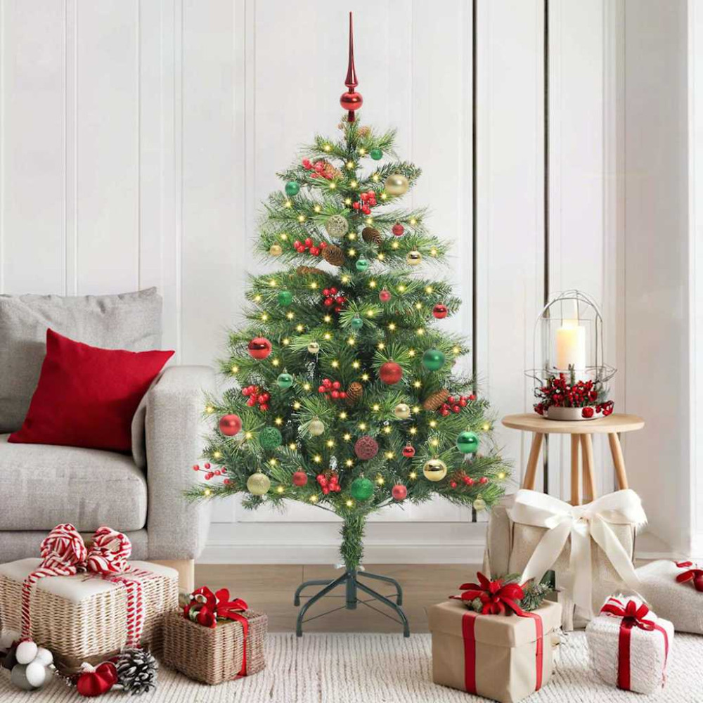 Produktbild för Konstgjord julgran med LED -remsljus Grön 150 cm PVC och metall