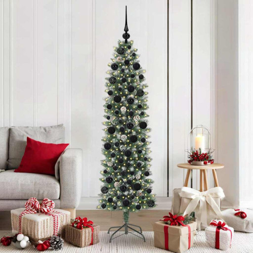 vidaXL Konstgjort smalt julträd med 300 LED-lampor Grön och Vit 180 cm