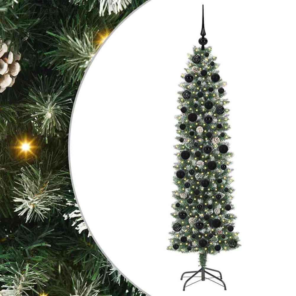 Produktbild för Konstgjort smalt julträd med 300 LED-lampor Grön och Vit 180 cm