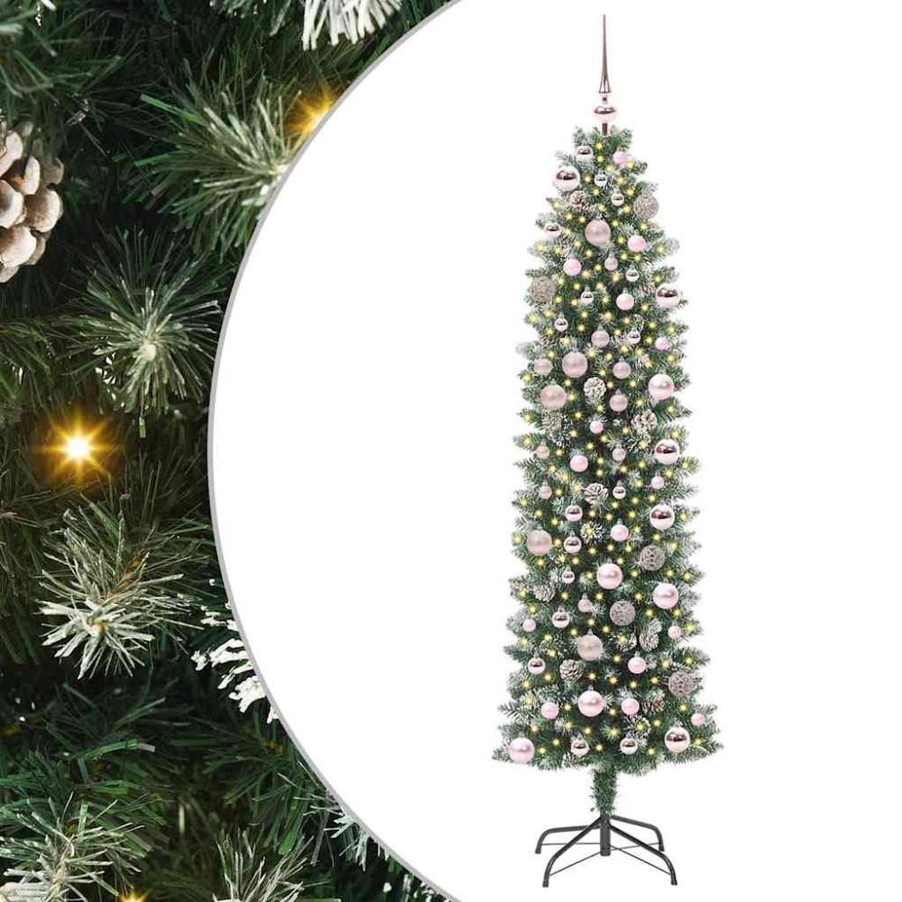 Produktbild för Konstgjort smalt julträd med 300 LED-lampor Grön och Vit 180 cm