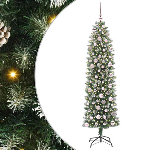 vidaXL Konstgjort smalt julträd med 300 LED-lampor Grön och Vit 180 cm