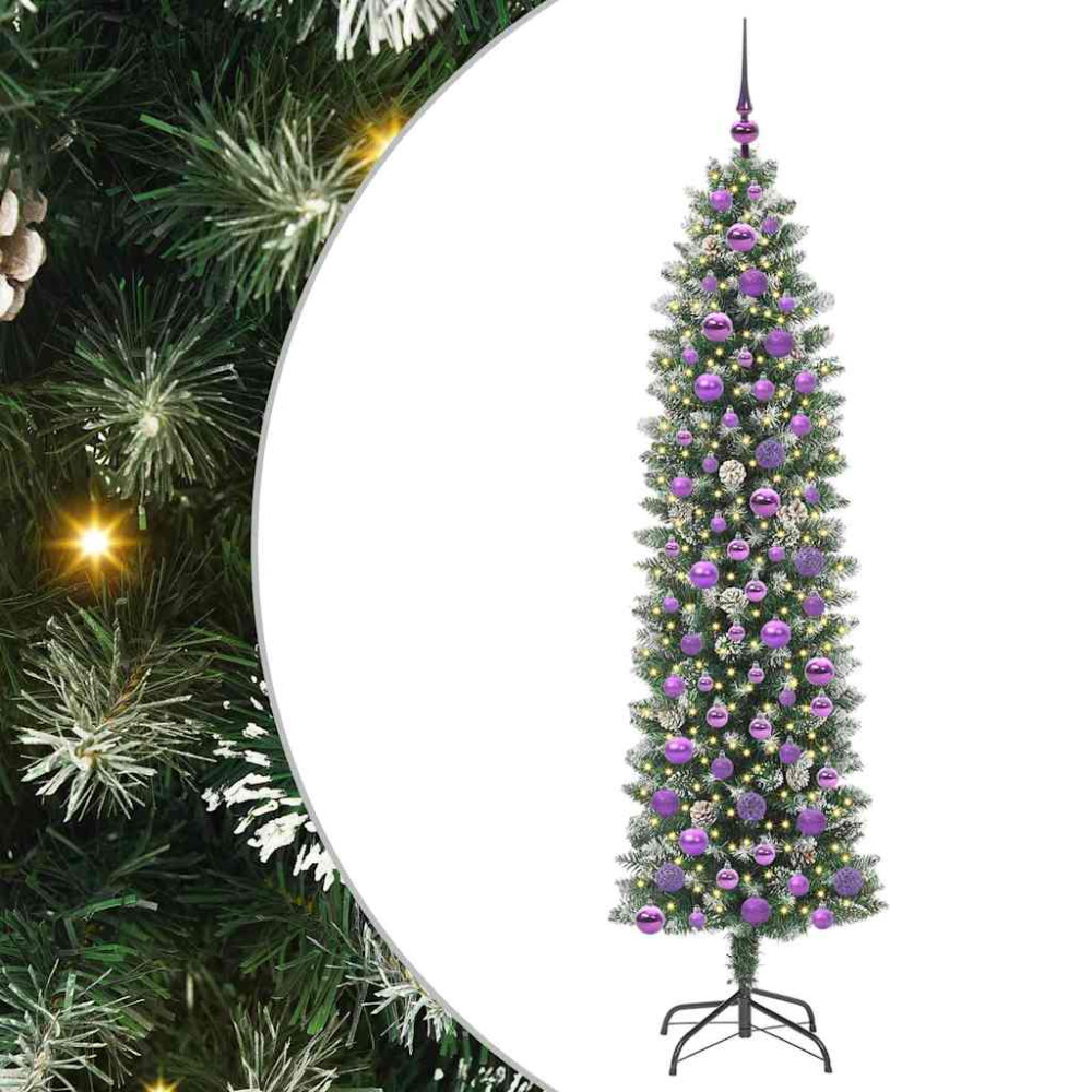 Produktbild för Konstgjort smalt julträd med 300 LED-lampor Grön och Vit 180 cm