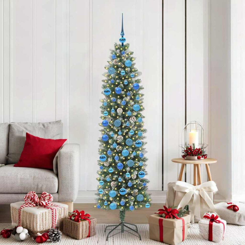 Produktbild för Konstgjort smalt julträd med 300 LED-lampor Grön och Vit 180 cm