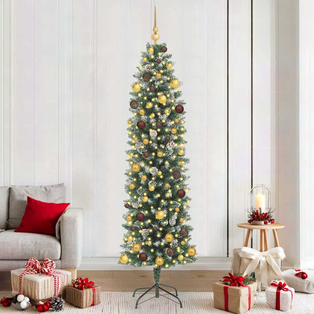 Produktbild för Konstgjort smalt julträd med 300 LED-lampor Grön och Vit 210 cm