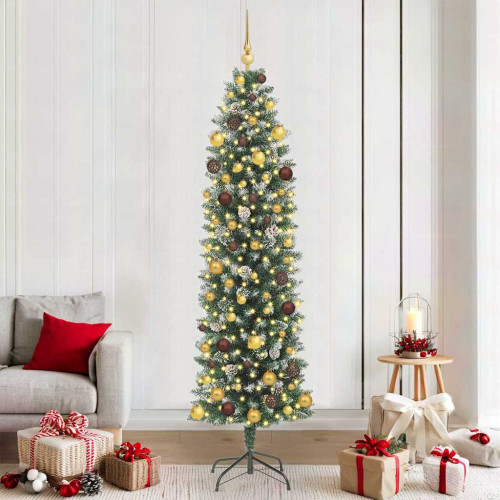vidaXL Konstgjort smalt julträd med 300 LED-lampor Grön och Vit 210 cm