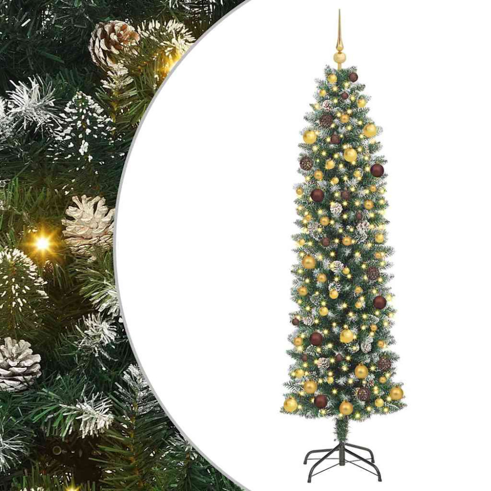 Produktbild för Konstgjort smalt julträd med 300 LED-lampor Grön och Vit 210 cm