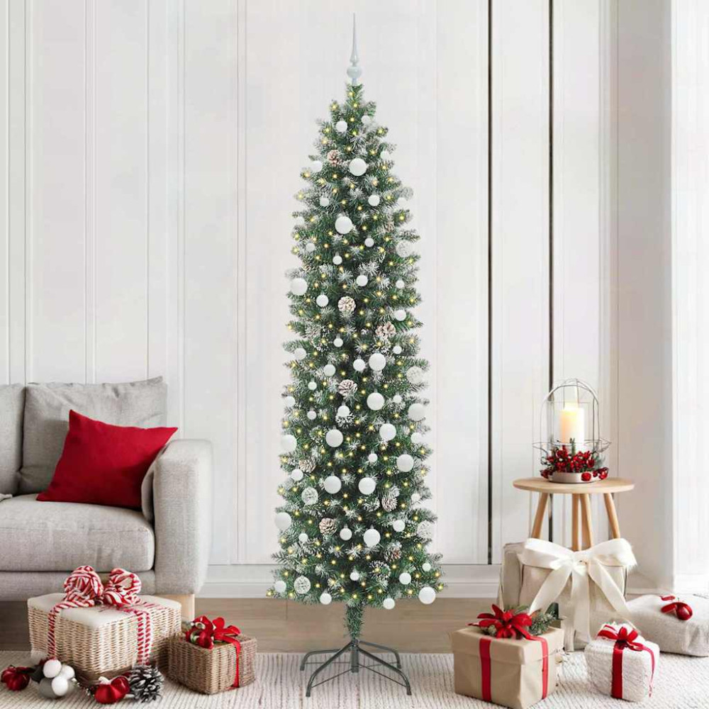 Produktbild för Konstgjort smalt julträd med 300 LED-lampor Grön och Vit 210 cm