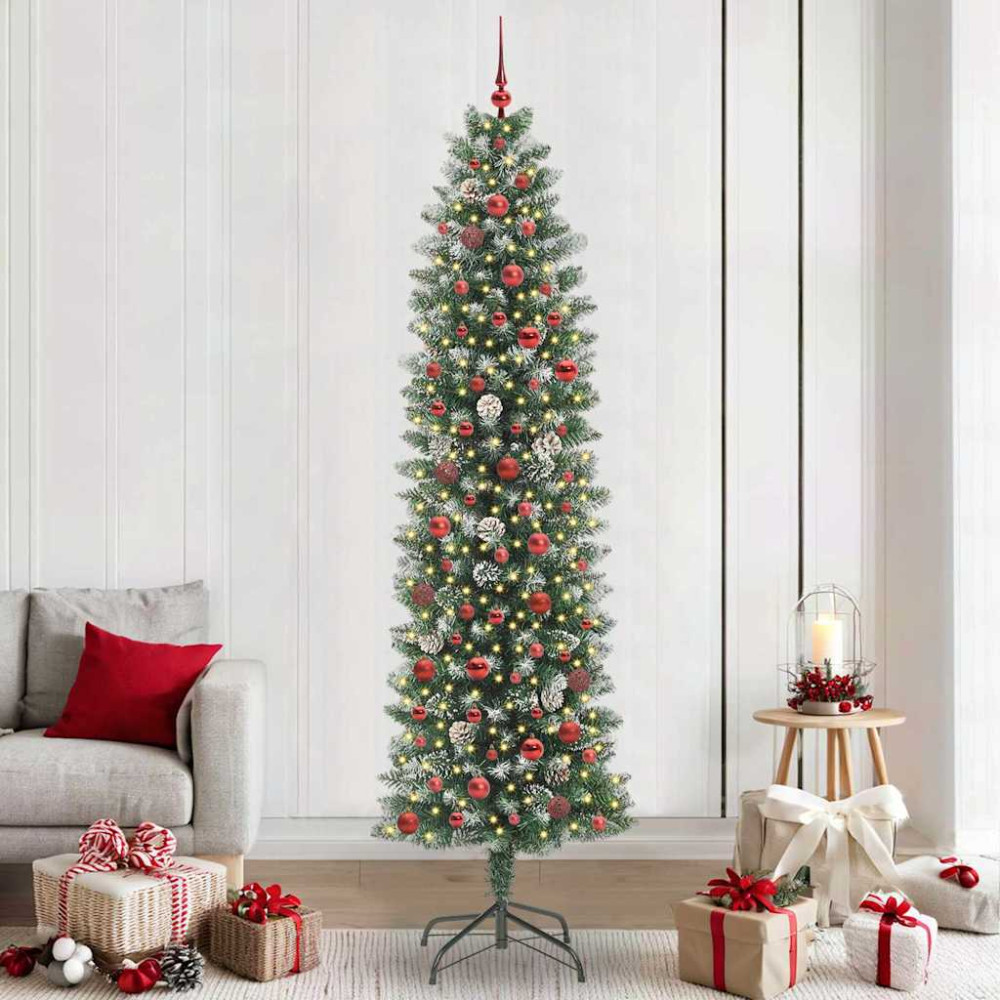 Produktbild för Konstgjort smalt julträd med 300 LED-lampor Grön och Vit 240 cm