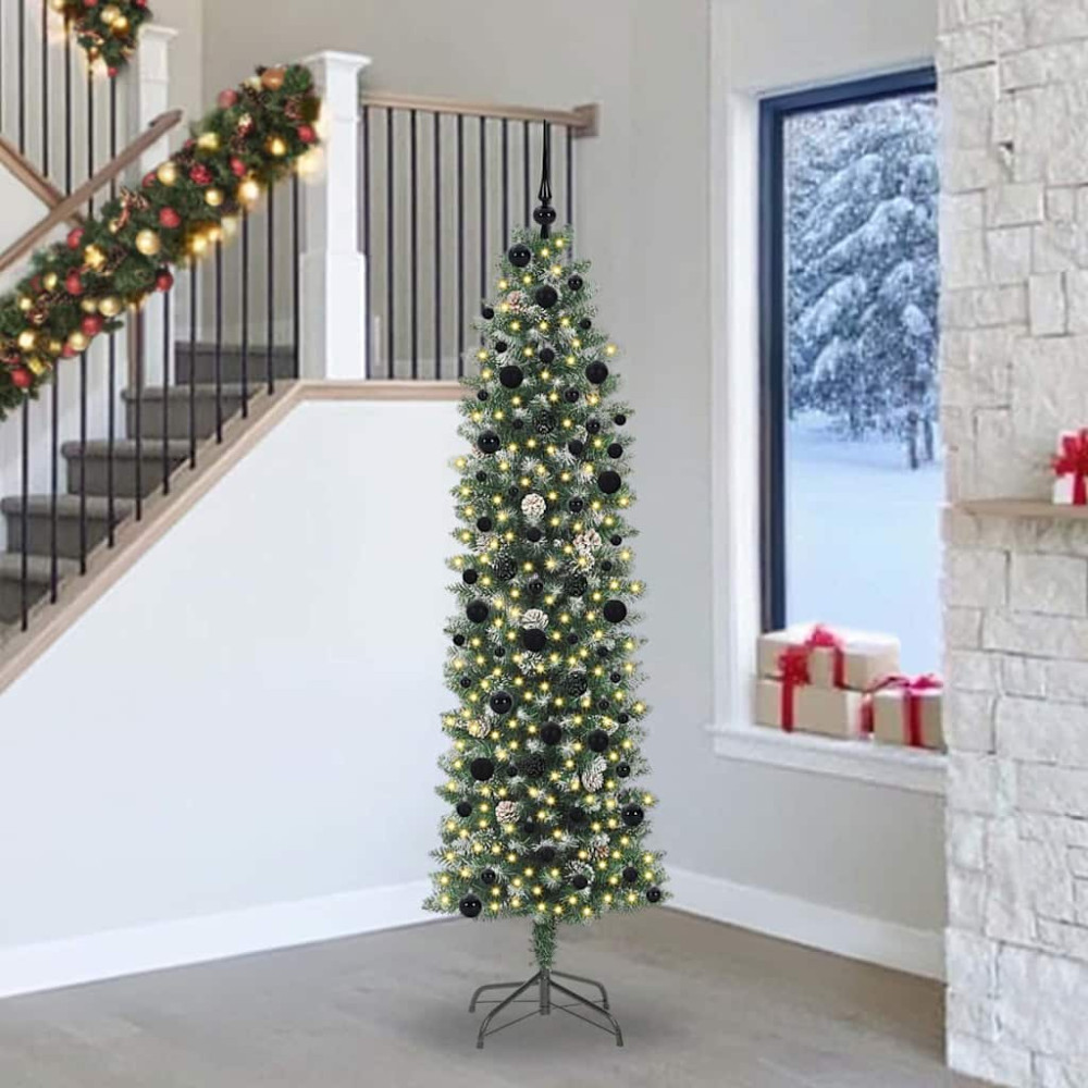 Produktbild för Konstgjort smalt julträd med 300 LED-lampor Grön och Vit 240 cm