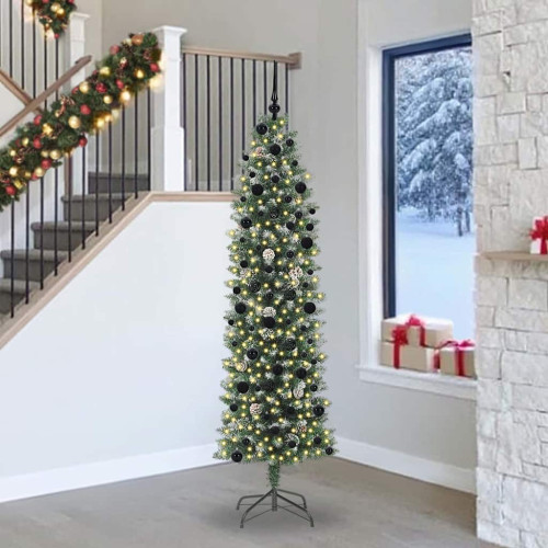vidaXL Konstgjort smalt julträd med 300 LED-lampor Grön och Vit 240 cm