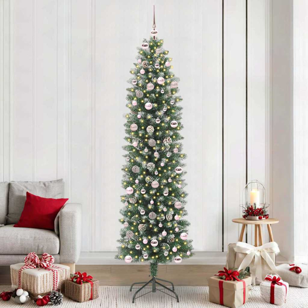 Produktbild för Konstgjort smalt julträd med 300 LED-lampor Grön och Vit 240 cm