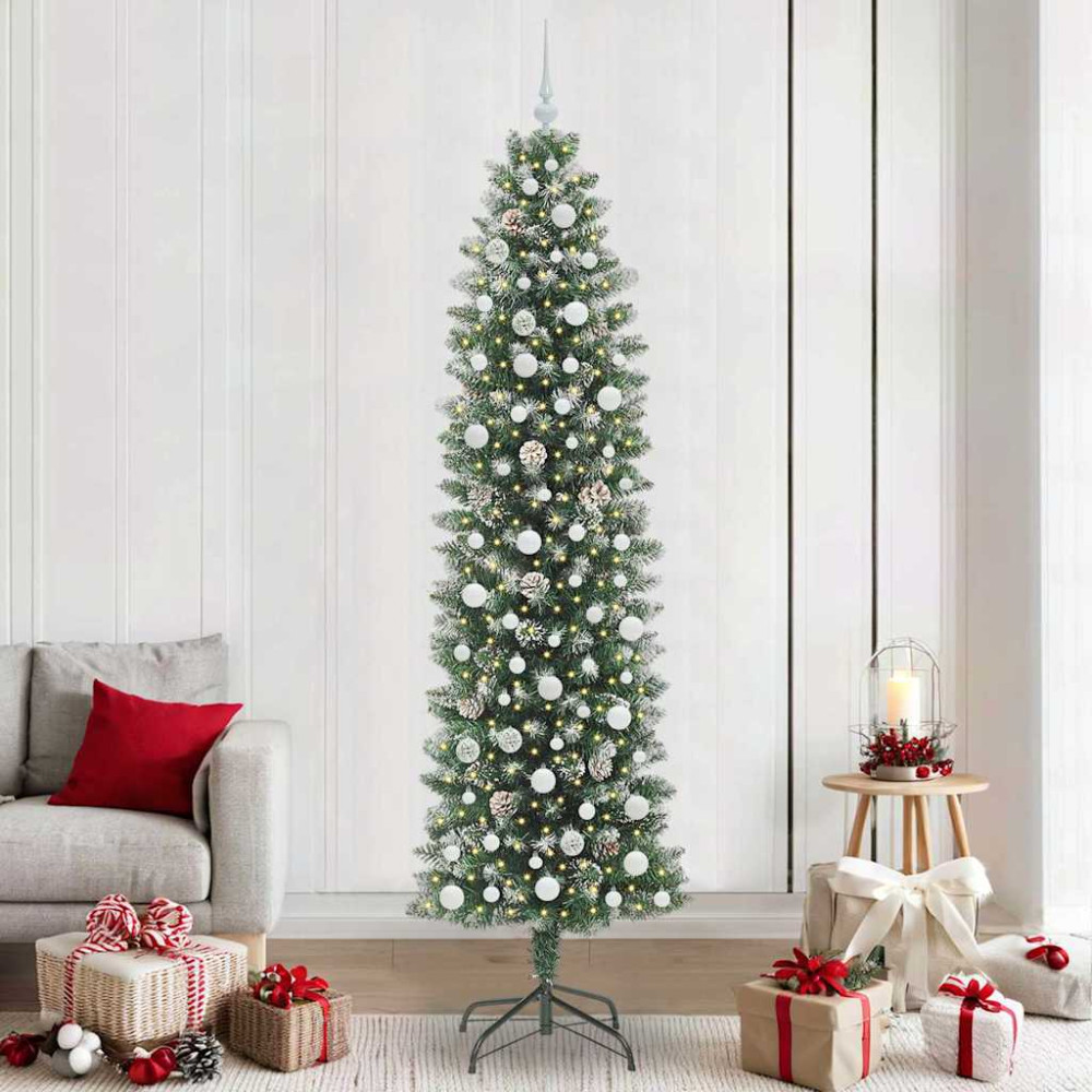 Produktbild för Konstgjort smalt julträd med 300 LED-lampor Grön och Vit 240 cm