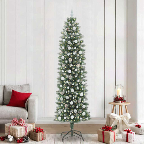 vidaXL Konstgjort smalt julträd med 300 LED-lampor Grön och Vit 240 cm