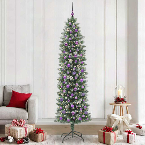 vidaXL Konstgjort smalt julträd med 300 LED-lampor Grön och Vit 240 cm