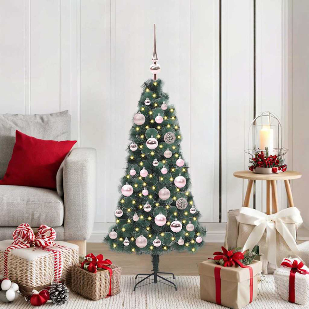 Produktbild för Konstgjord Förbelyst Julgran med Kula Set Grön 120 cm PET