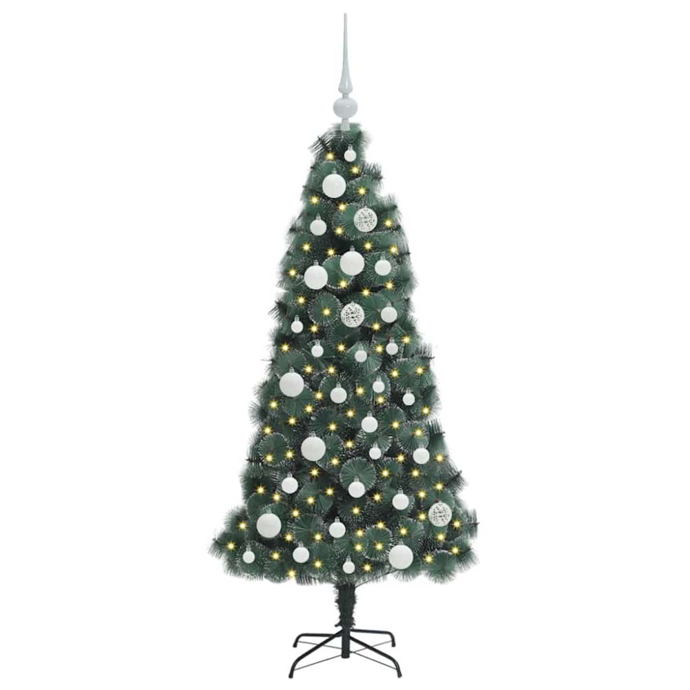 Produktbild för Konstgjord förbelyst julgran med bollar Grön 120 cm PET