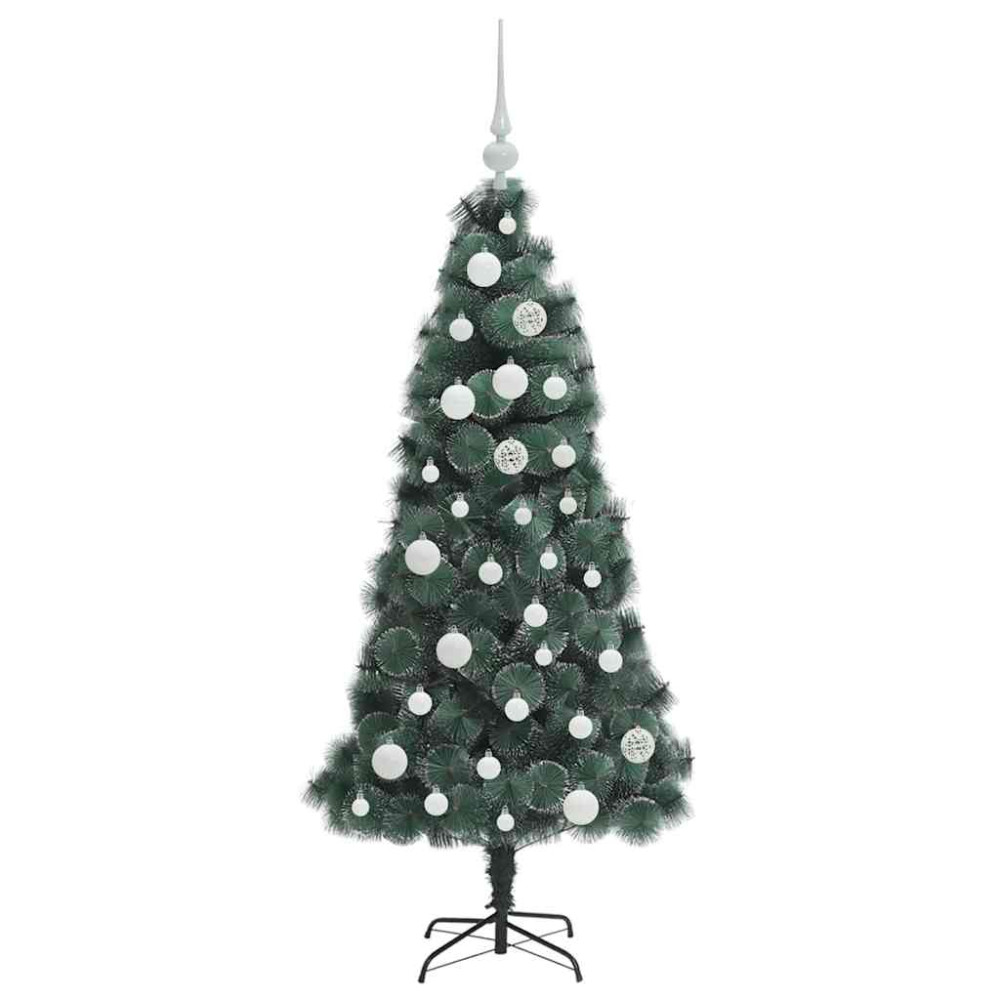 Produktbild för Konstgjord förbelyst julgran med bollar Grön 120 cm PET