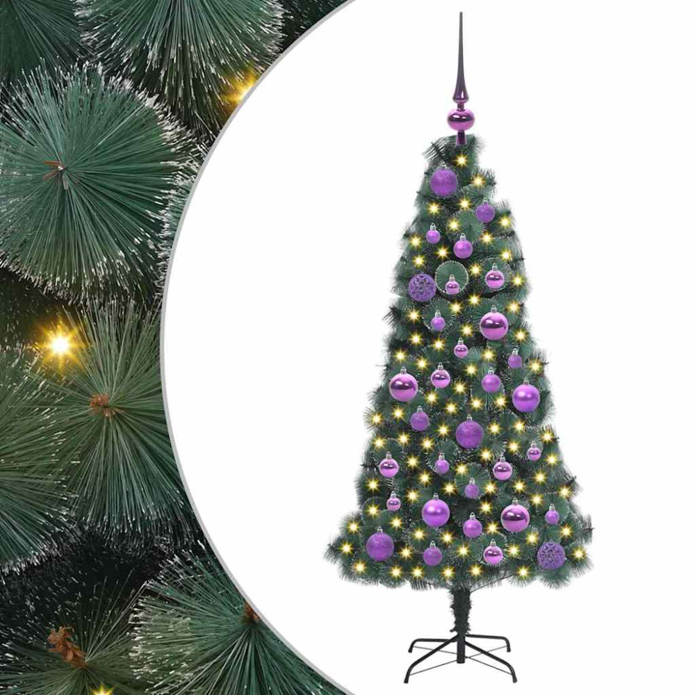 Produktbild för Konstgjord Förbelyst Julgran med Bollar Grön 120 cm PET