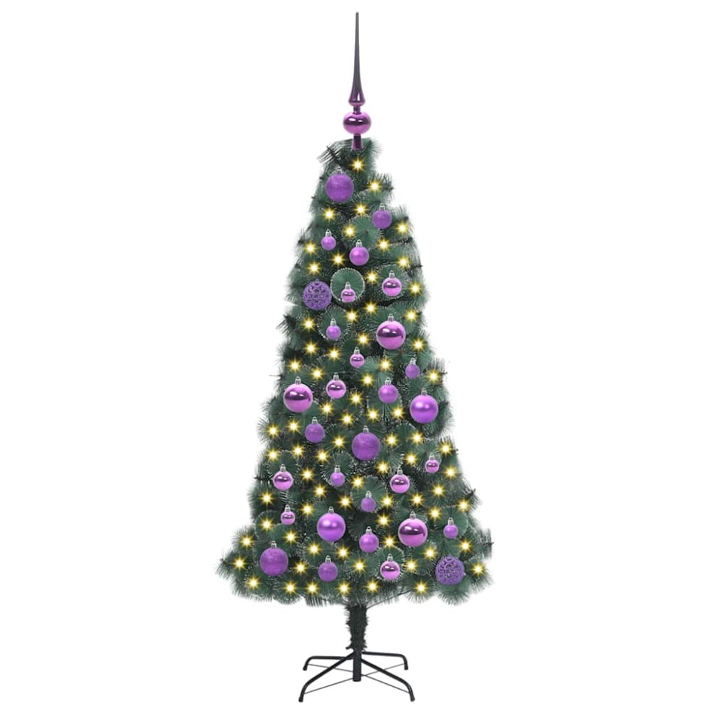 Produktbild för Konstgjord Förbelyst Julgran med Bollar Grön 120 cm PET