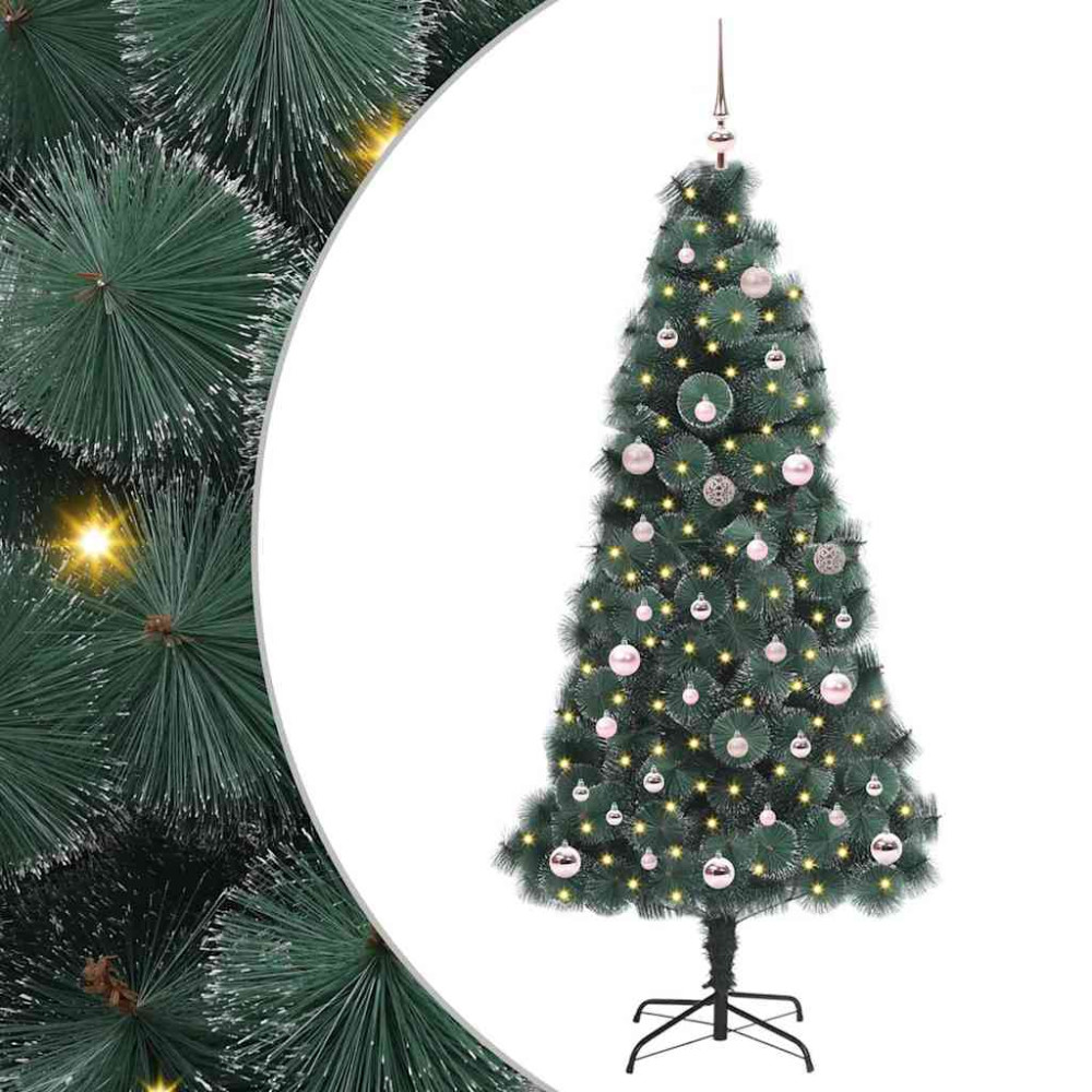 Produktbild för Konstgjord förbelyst julgran med bollset Grön 150 cm PET