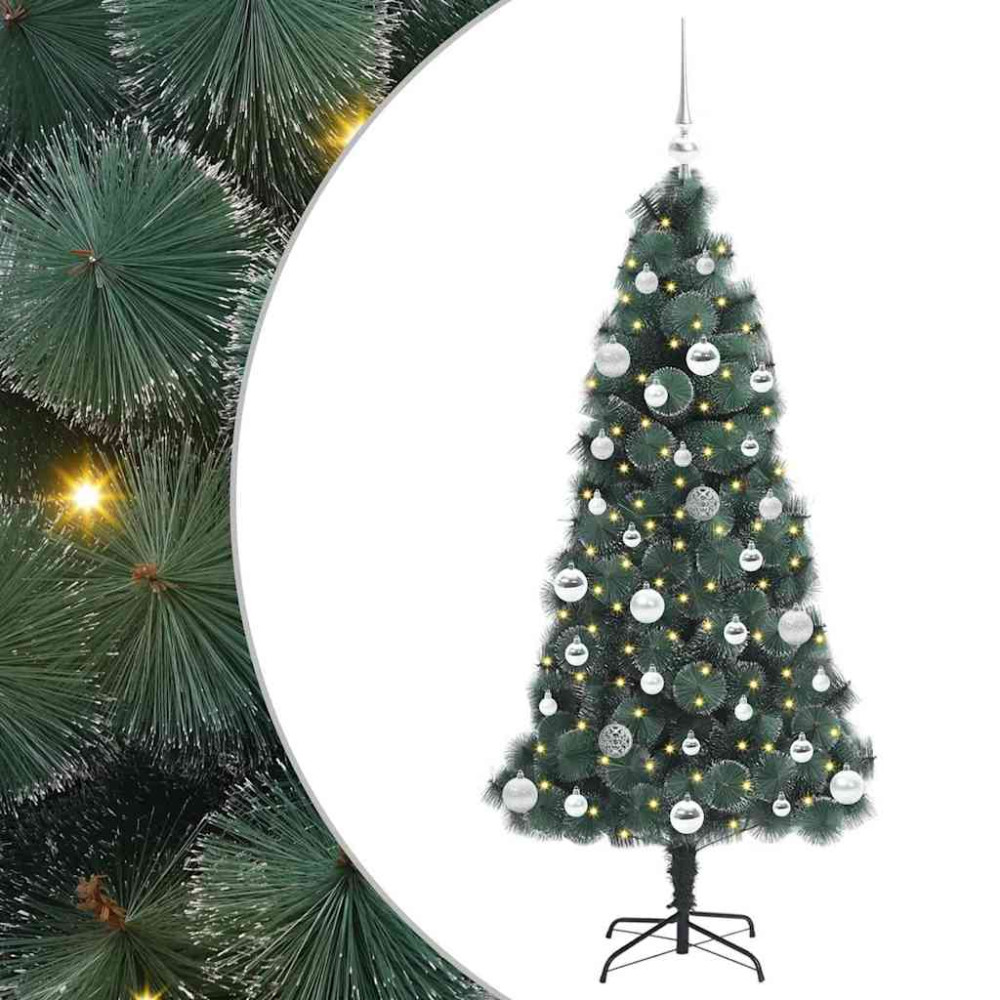 Produktbild för Kunstig förbelyst julgran med bollar med stativ Grön 150 cm PET