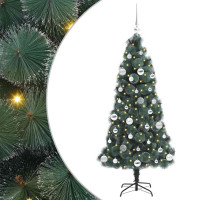 Produktbild för Kunstig förbelyst julgran med bollar med stativ Grön 150 cm PET