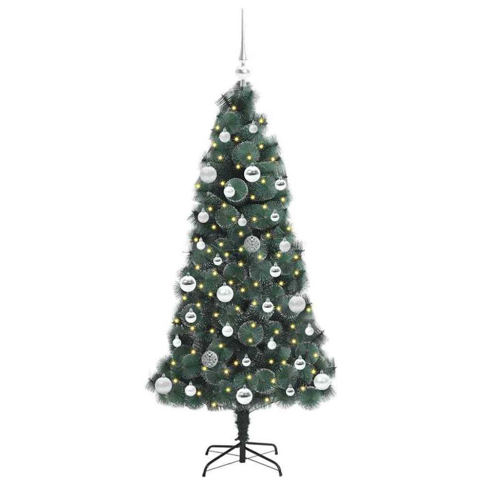 Produktbild för Kunstig förbelyst julgran med bollar med stativ Grön 150 cm PET