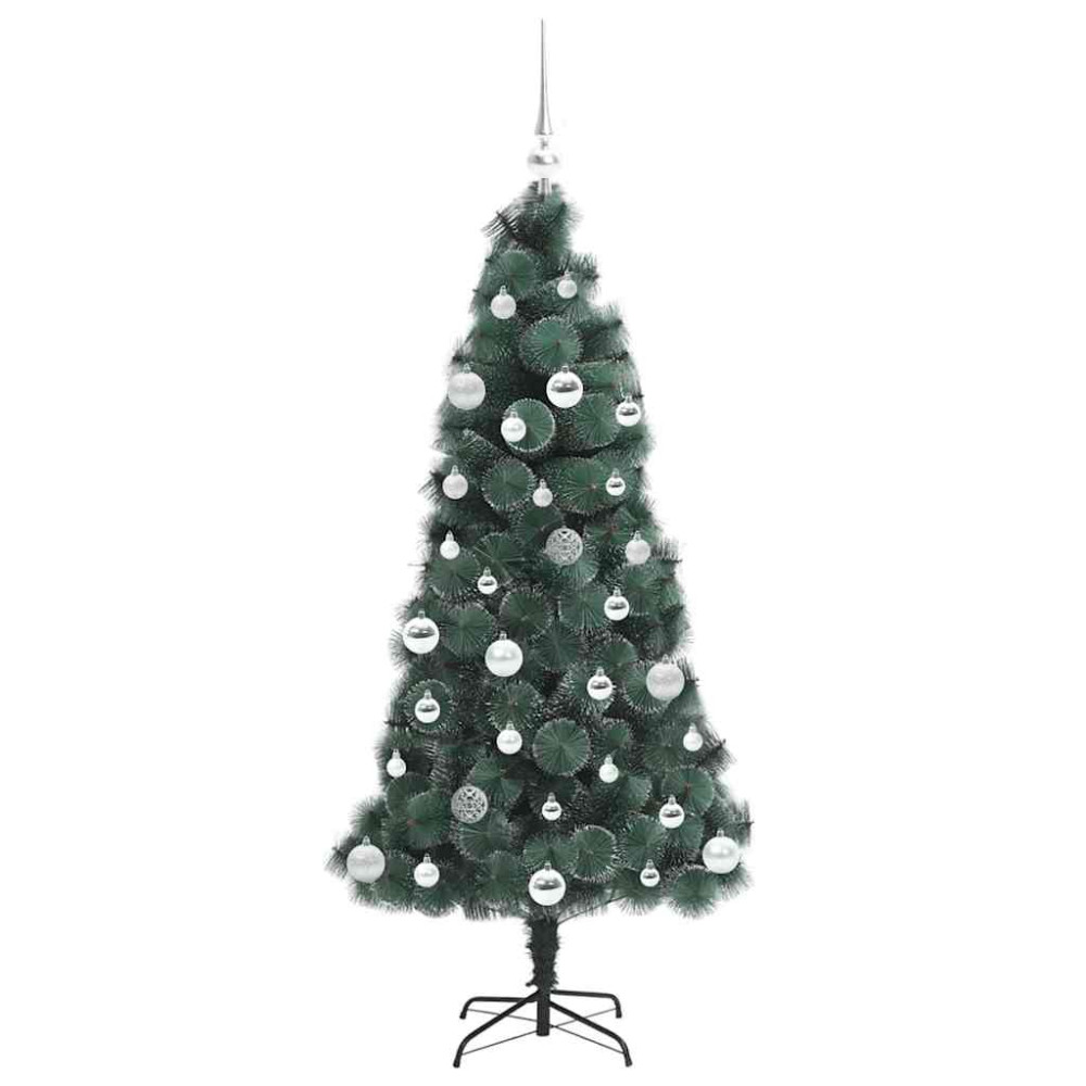 Produktbild för Kunstig förbelyst julgran med bollar med stativ Grön 150 cm PET