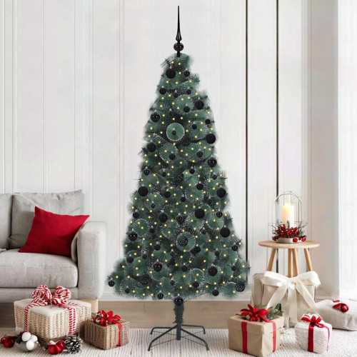 vidaXL Konstgjort förbelyst julgran med bollsats Grön 210 cm PET