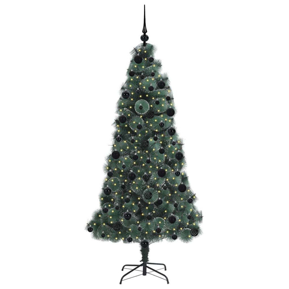 Produktbild för Konstgjort förbelyst julgran med bollsats Grön 210 cm PET