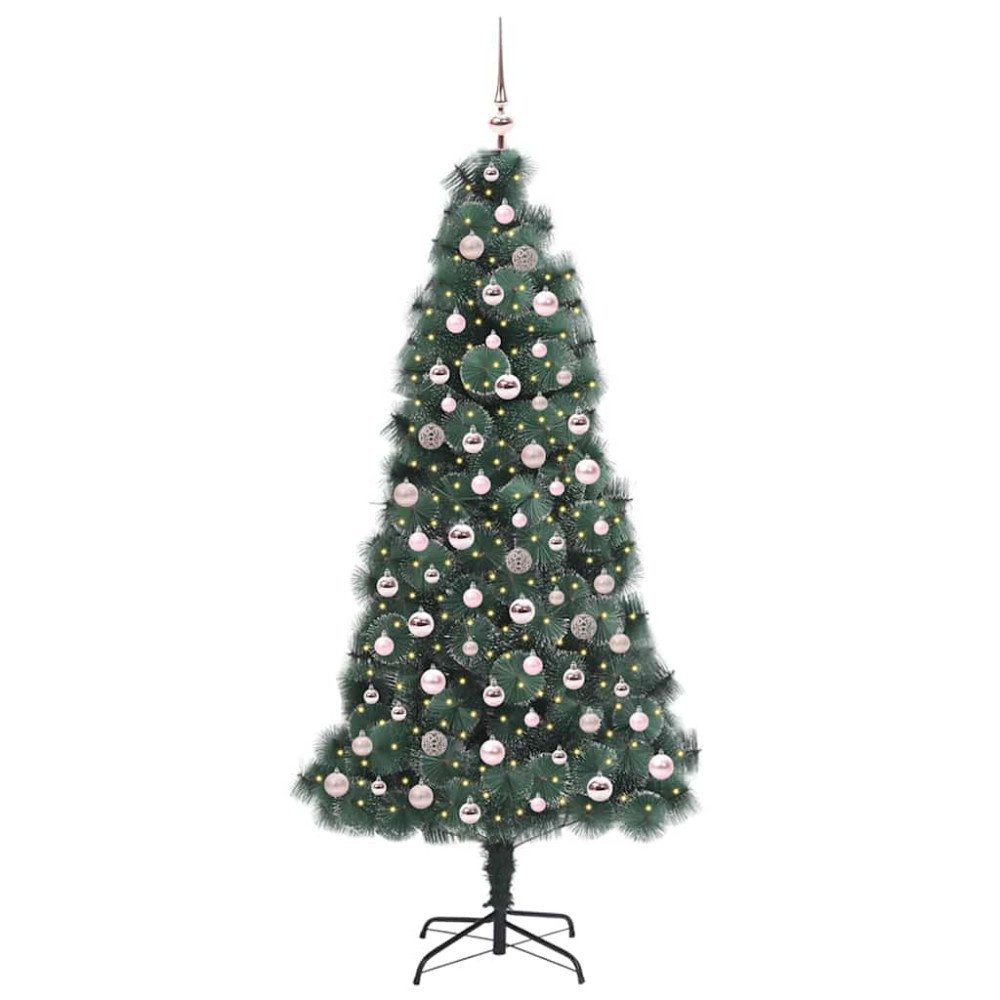 Produktbild för Konstgjord förbelyst julgran med bollar Grön 210 cm PET