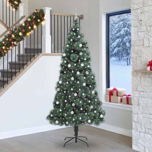 vidaXL Konstgjord förbelyst julgran med bollsats Grön 240 cm PET