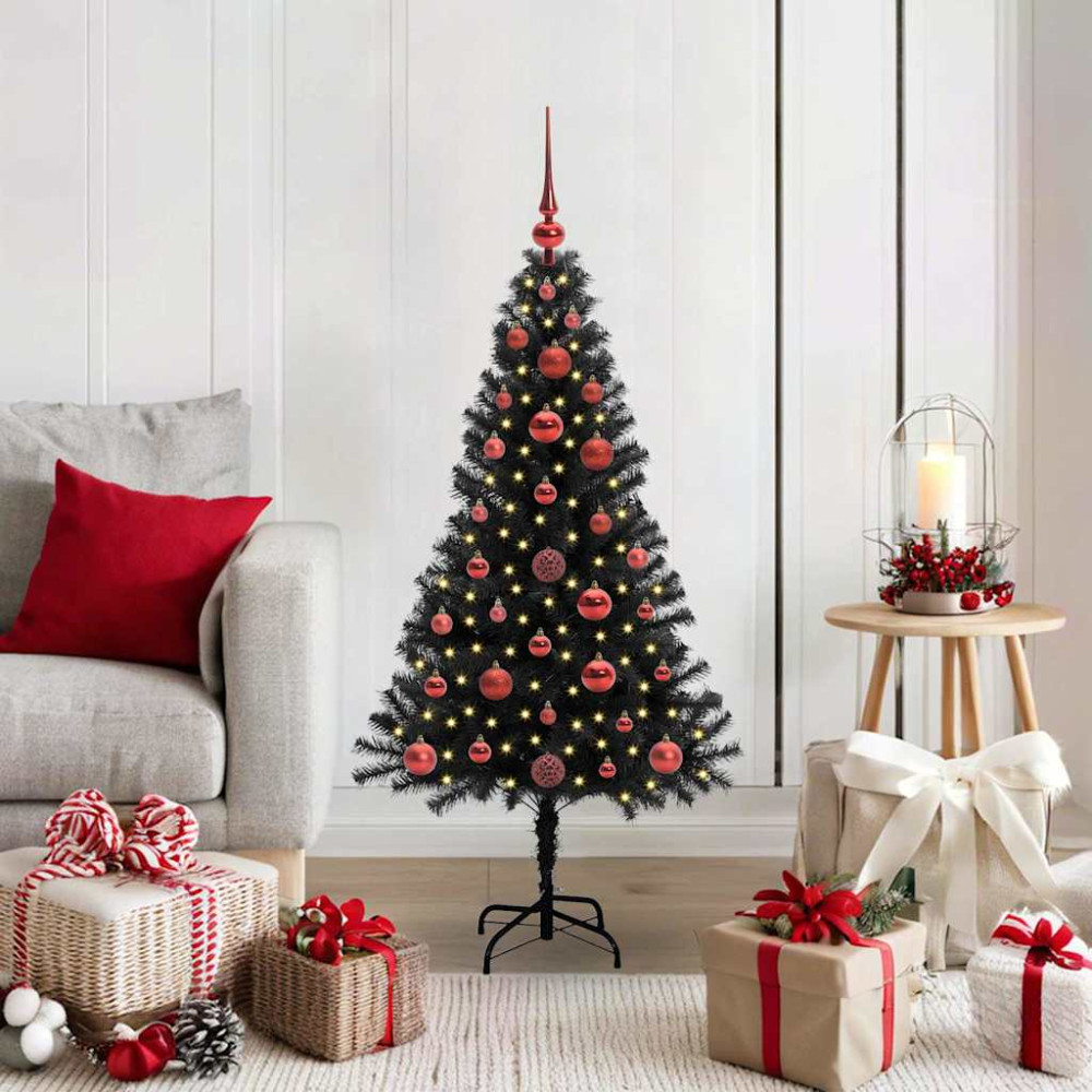 Produktbild för Julgran med 150 LED-lampor med stativ Svart 120 cm PVC