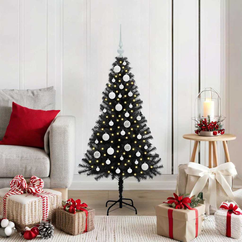Produktbild för Julgran med 150 LED-lampor med stativ Svart 120 cm PVC