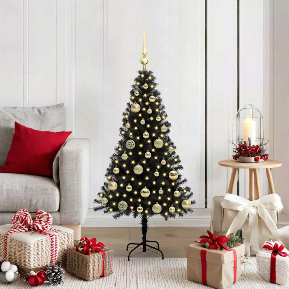 Produktbild för Julgran med 150 LED-lampor med stativ Svart 120 cm PVC