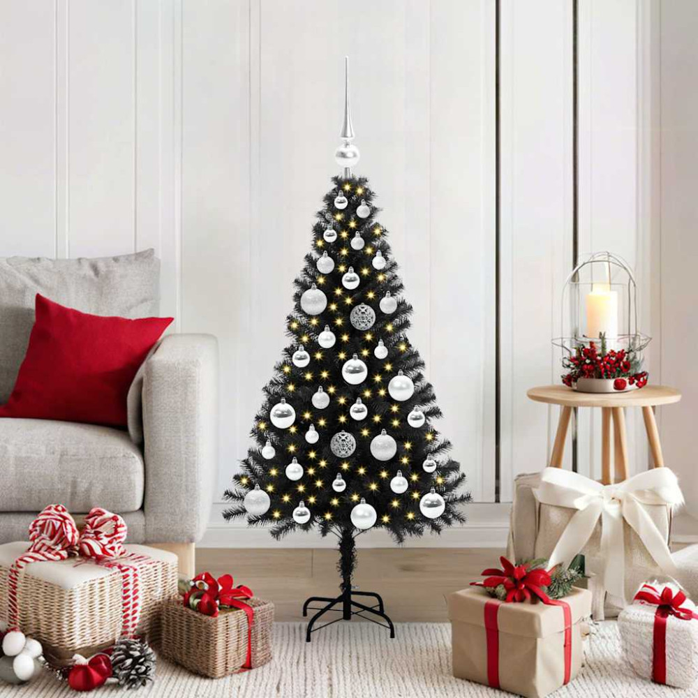 Produktbild för Julgran med 150 LED-lampor med stativ Svart 120 cm PVC